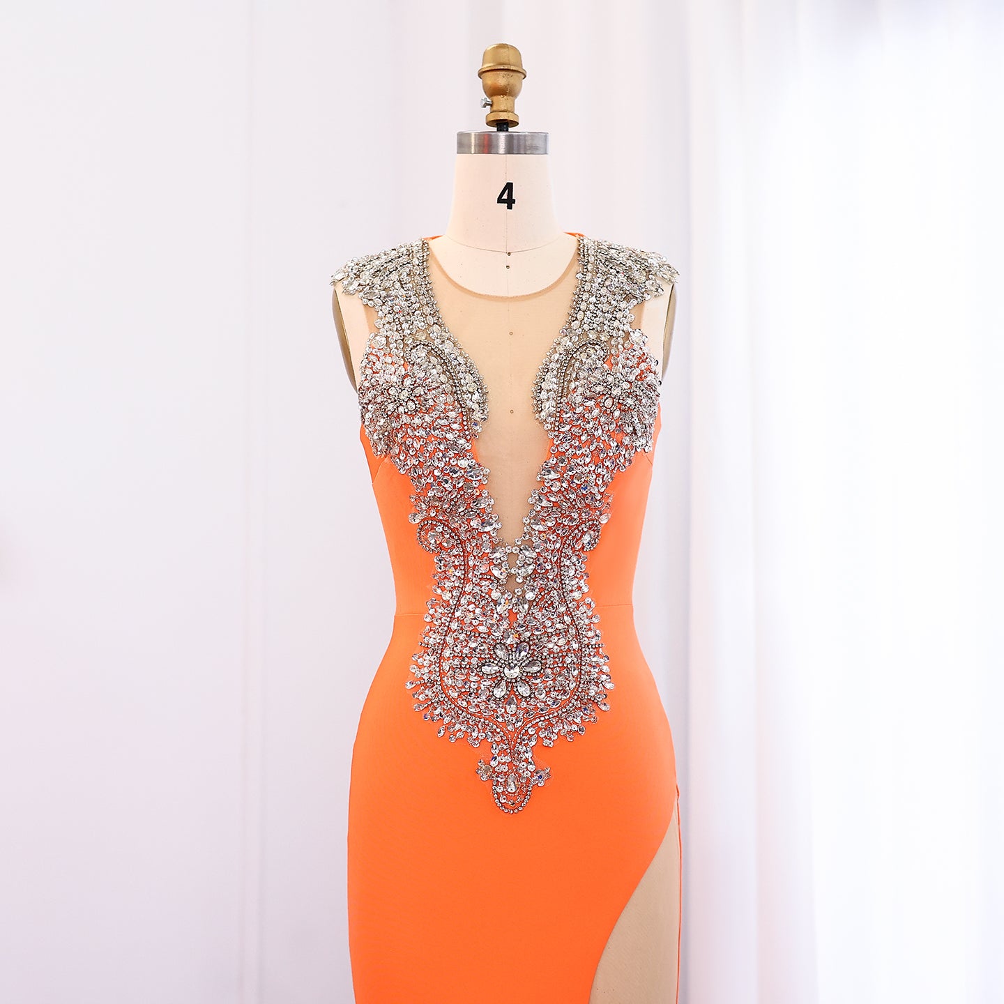 Orange Crystal Rhinestone Plunging Prom Dresses SH002