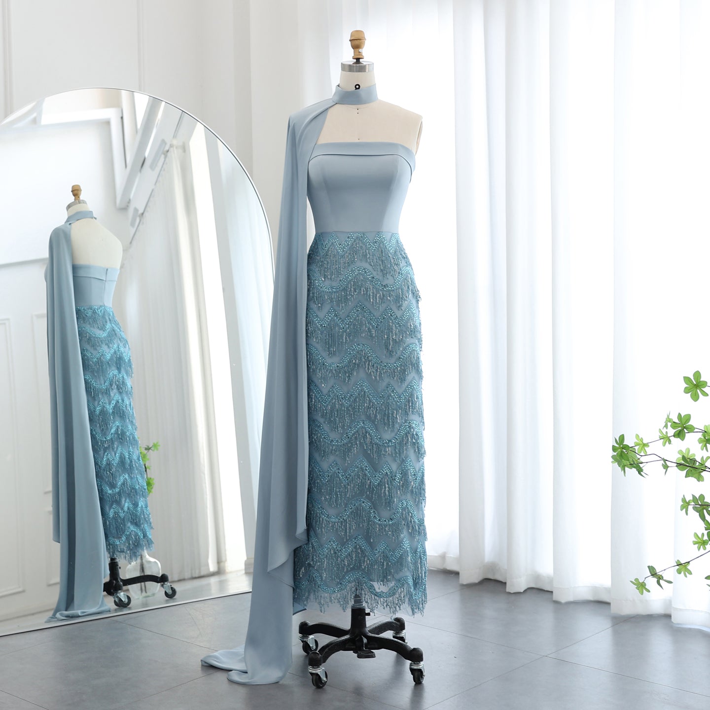 Blue Tassel Strapless Evening Dress with Cape Sleeve SS143