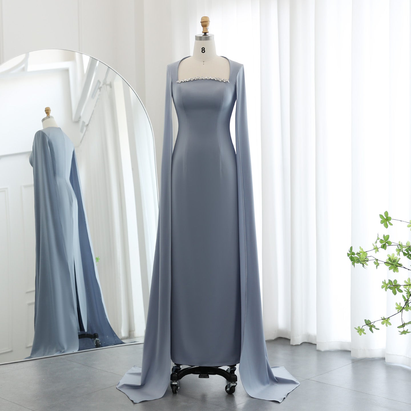 Elegant Blue Mermaid Evening Dress with Cape Sleeves SF486