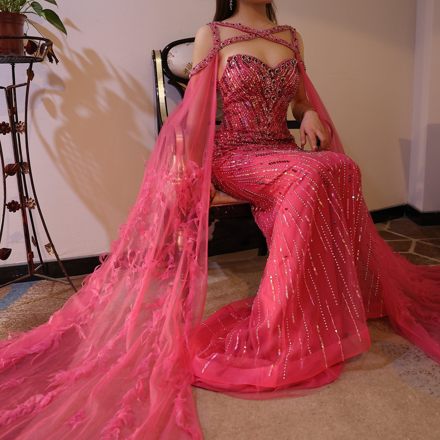 Luxury Fuchsia Evening Dress with Cape Sleeves SS468