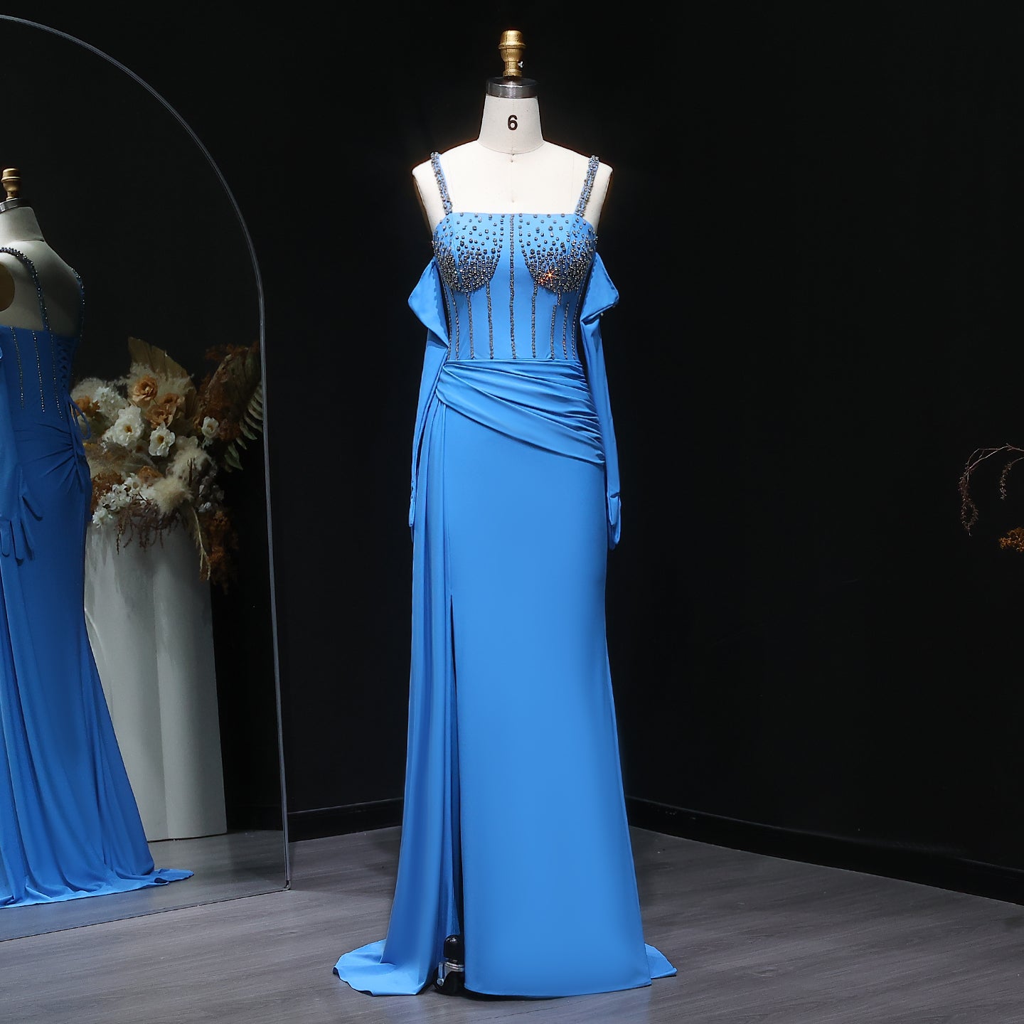Luxury Beaded Halter Blue Evening Dress with Gloves and Slit SH569