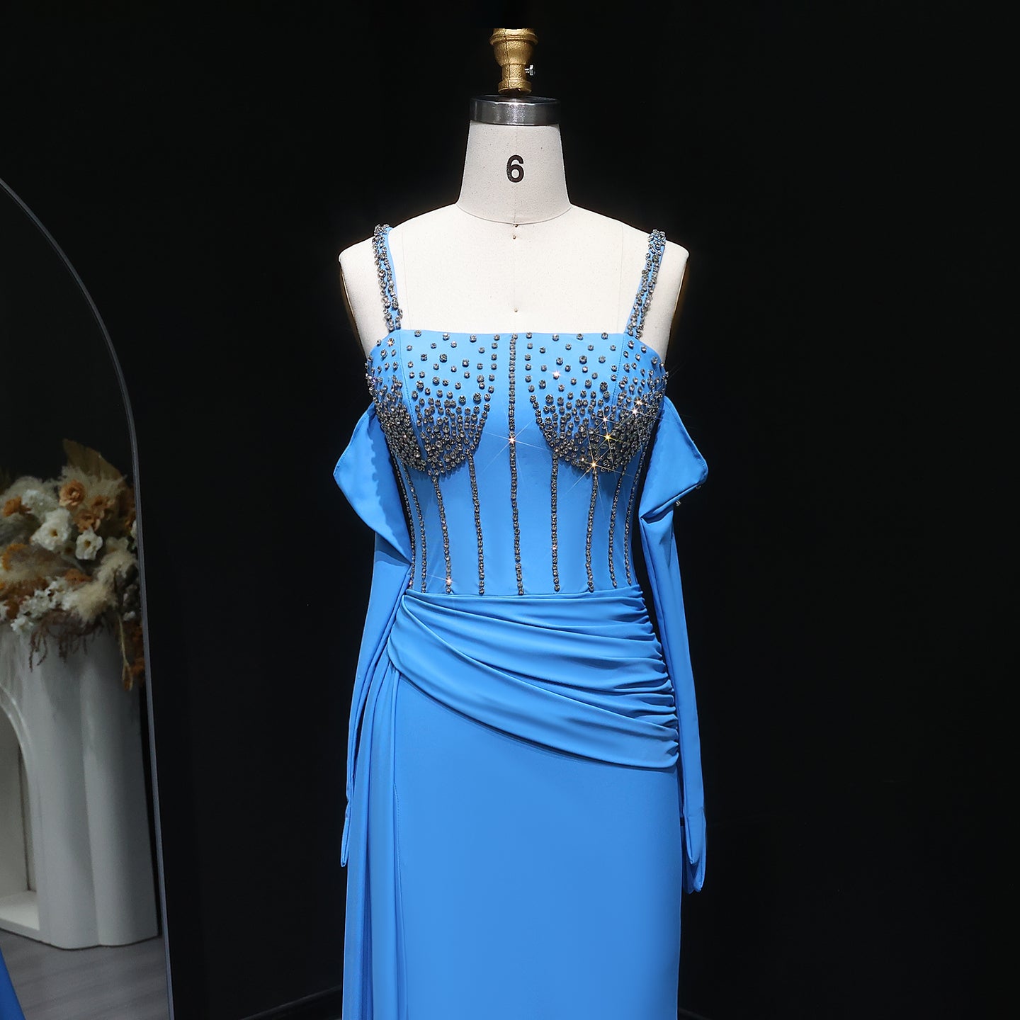 Luxury Beaded Halter Blue Evening Dress with Gloves and Slit SH569