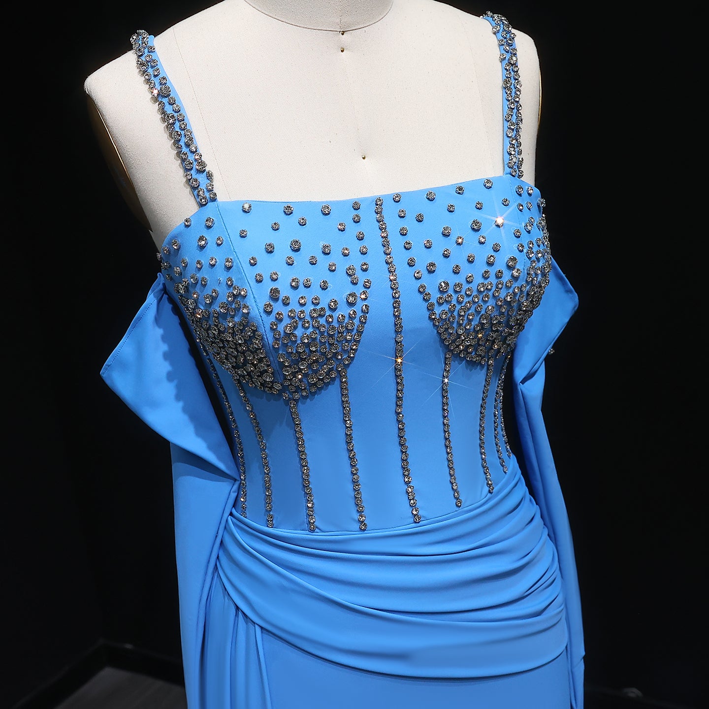 Luxury Beaded Halter Blue Evening Dress with Gloves and Slit SH569
