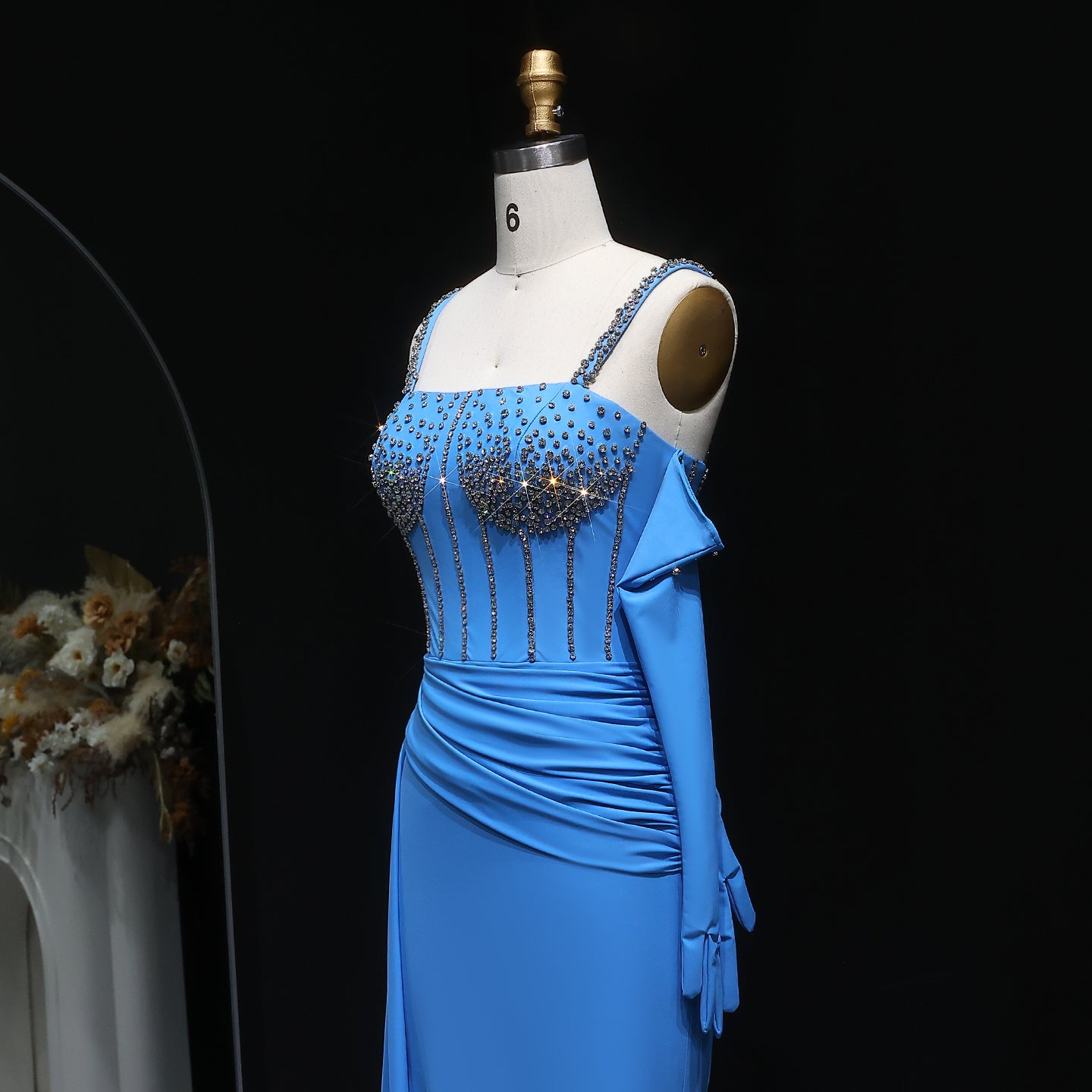 Luxury Beaded Halter Blue Evening Dress with Gloves and Slit SH569