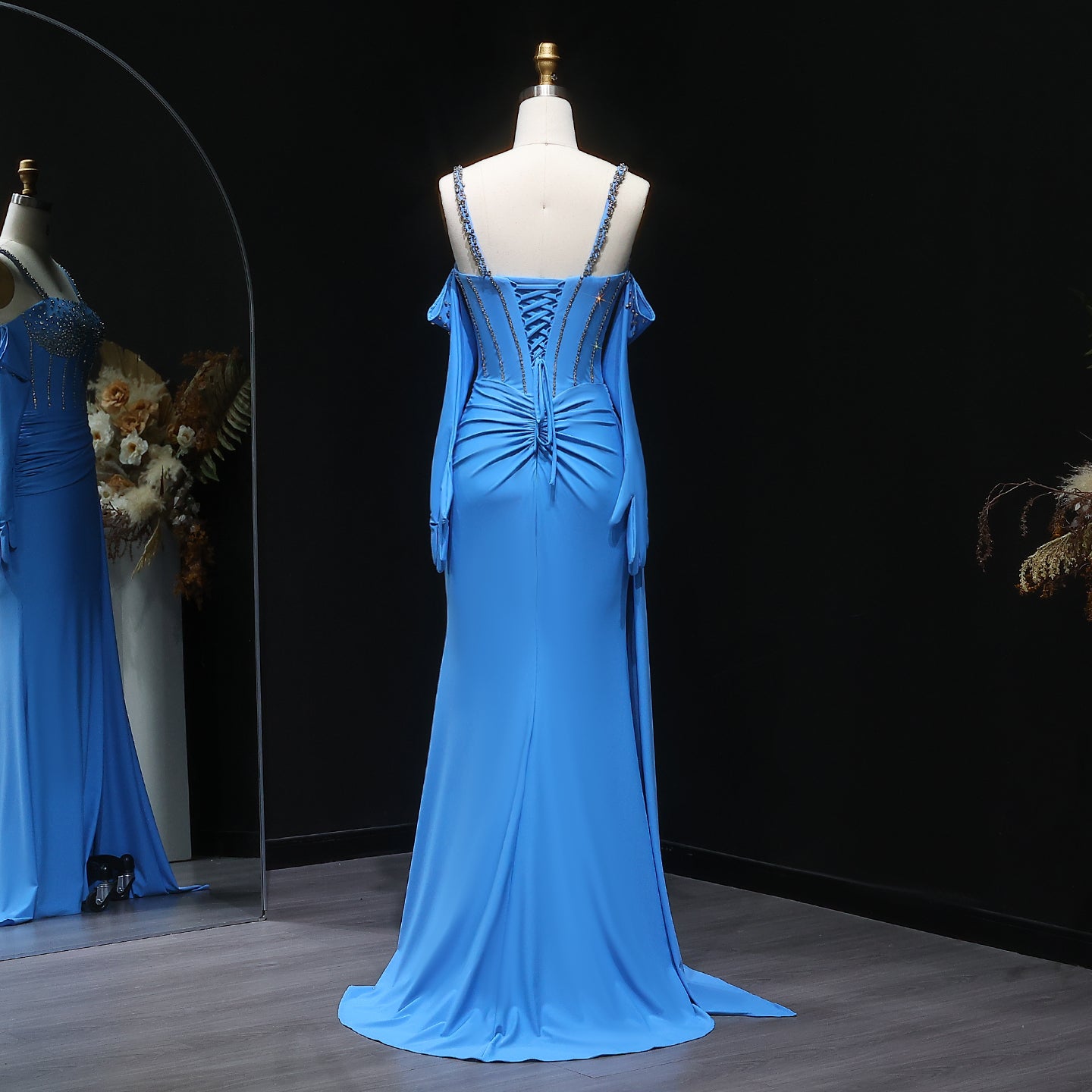 Luxury Beaded Halter Blue Evening Dress with Gloves and Slit SH569