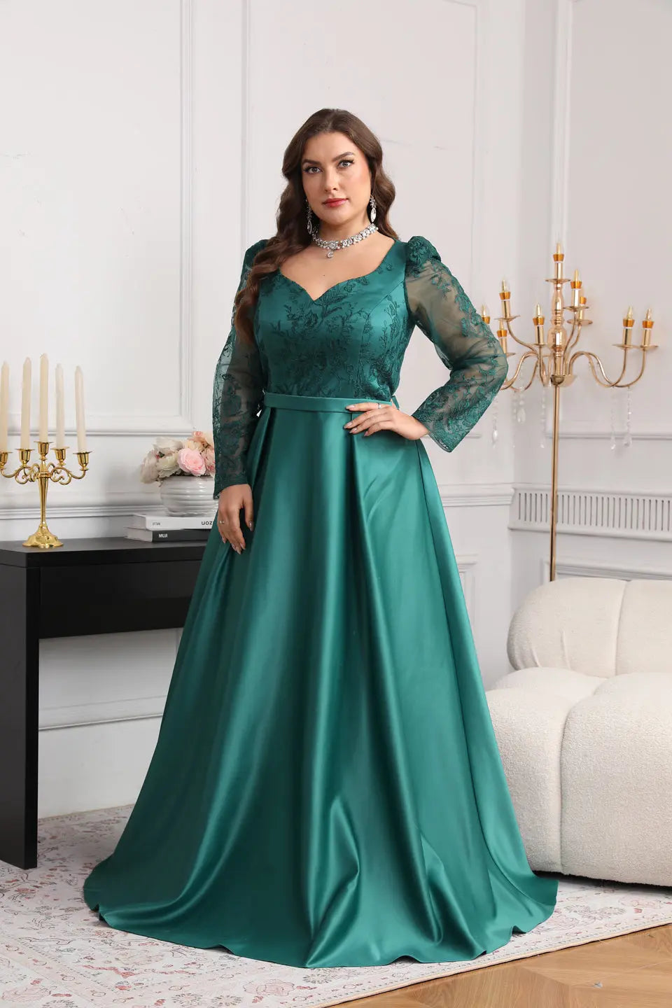 green fairy dress plus size Fairy Sage Green Long Sleeves Evening Dress with V-Neck and Tulle A-Line Evening Dress with Gold Plus Size Size 18W / Sage Green