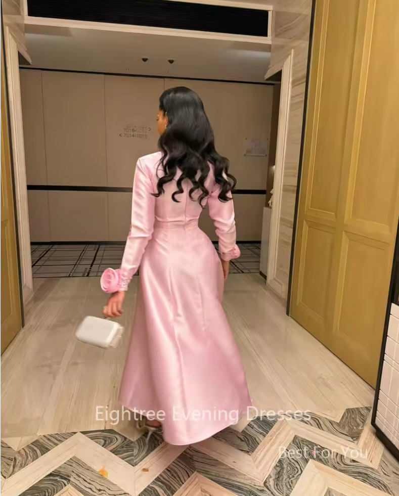 Vintage Style Pink Satin Long Sleeve Midi Evening Dress SF279