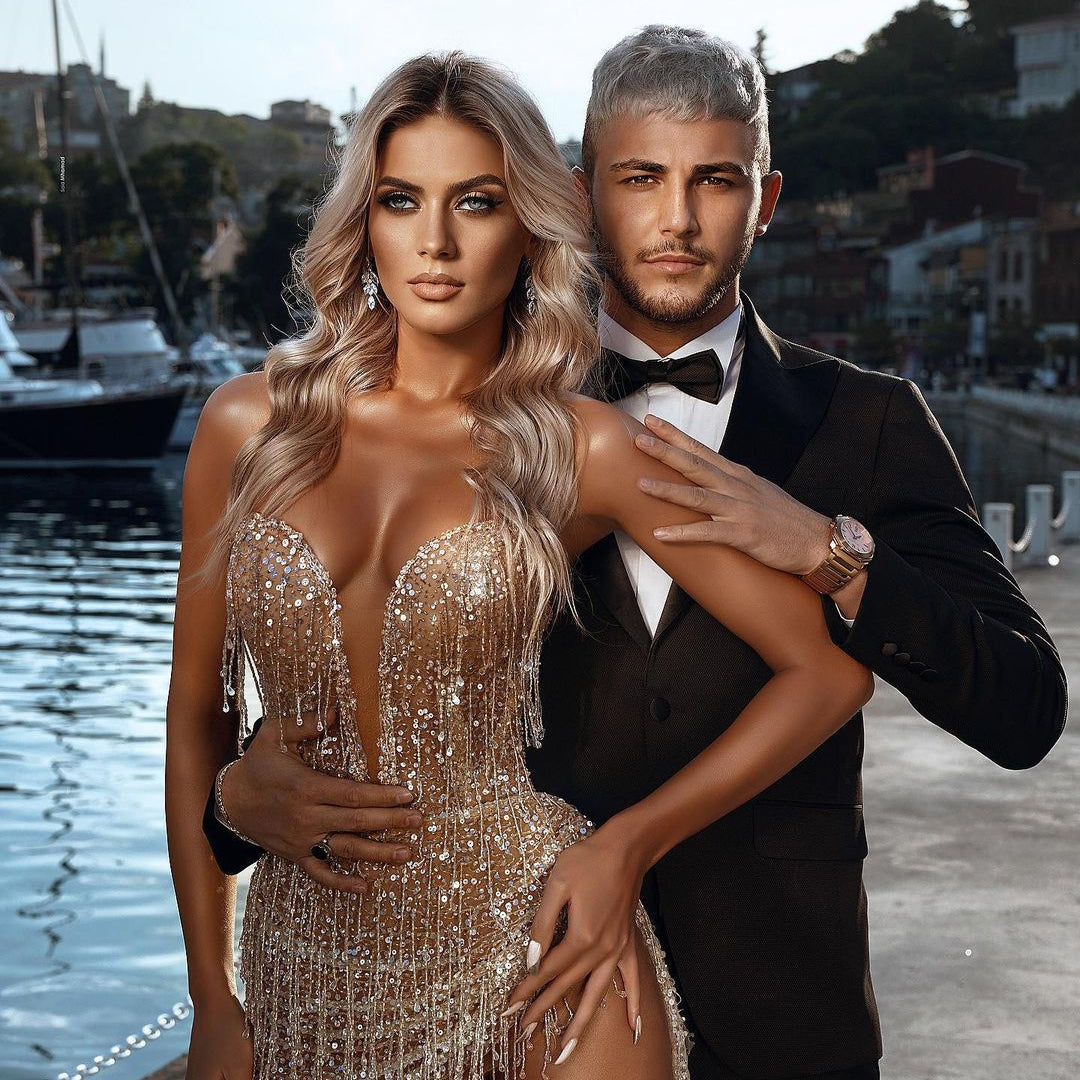 Unique Champagne Fringe Plunging Mini Party Gown RM044
