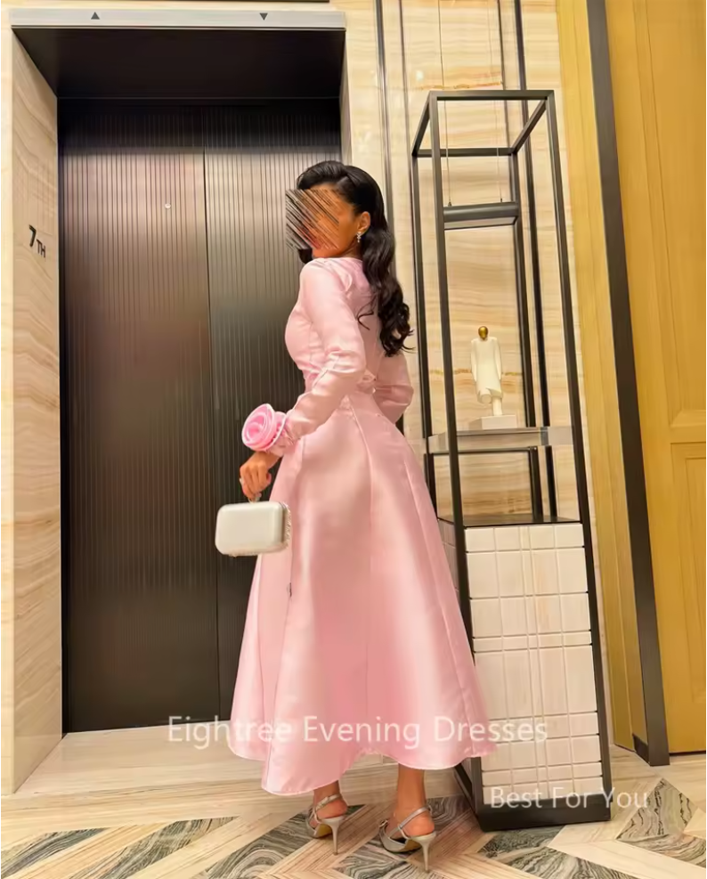 Vintage Style Pink Satin Long Sleeve Midi Evening Dress SF279