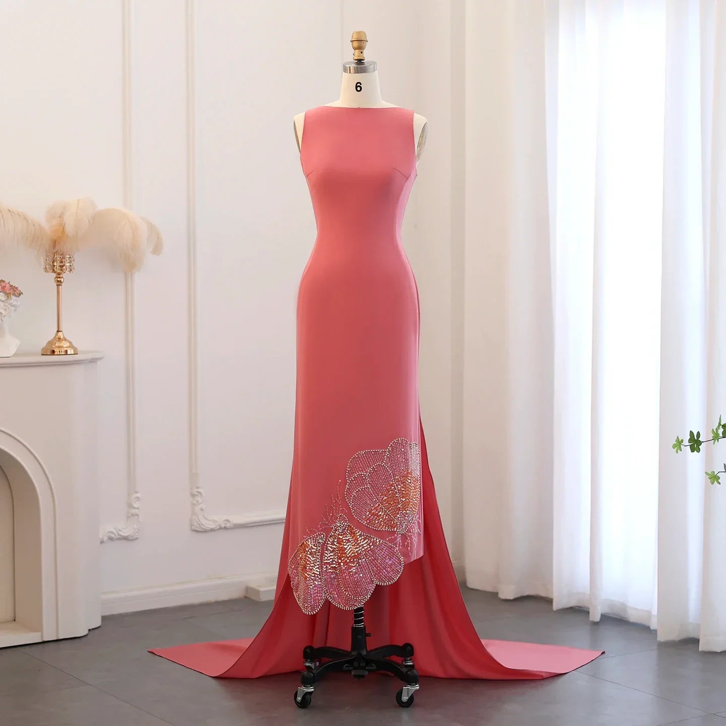 Elegant Coral Pink Butterfly Beaded Evening Dress SS471