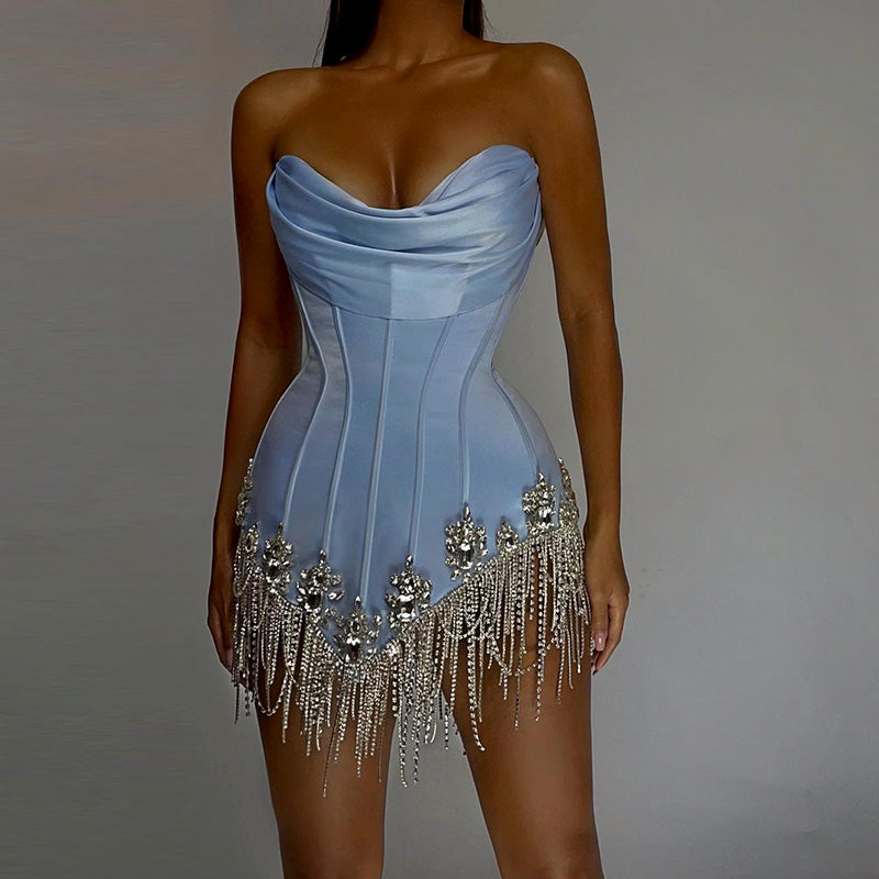 Glamorous Light Blue Satin Corset Mini Party Gown RM010