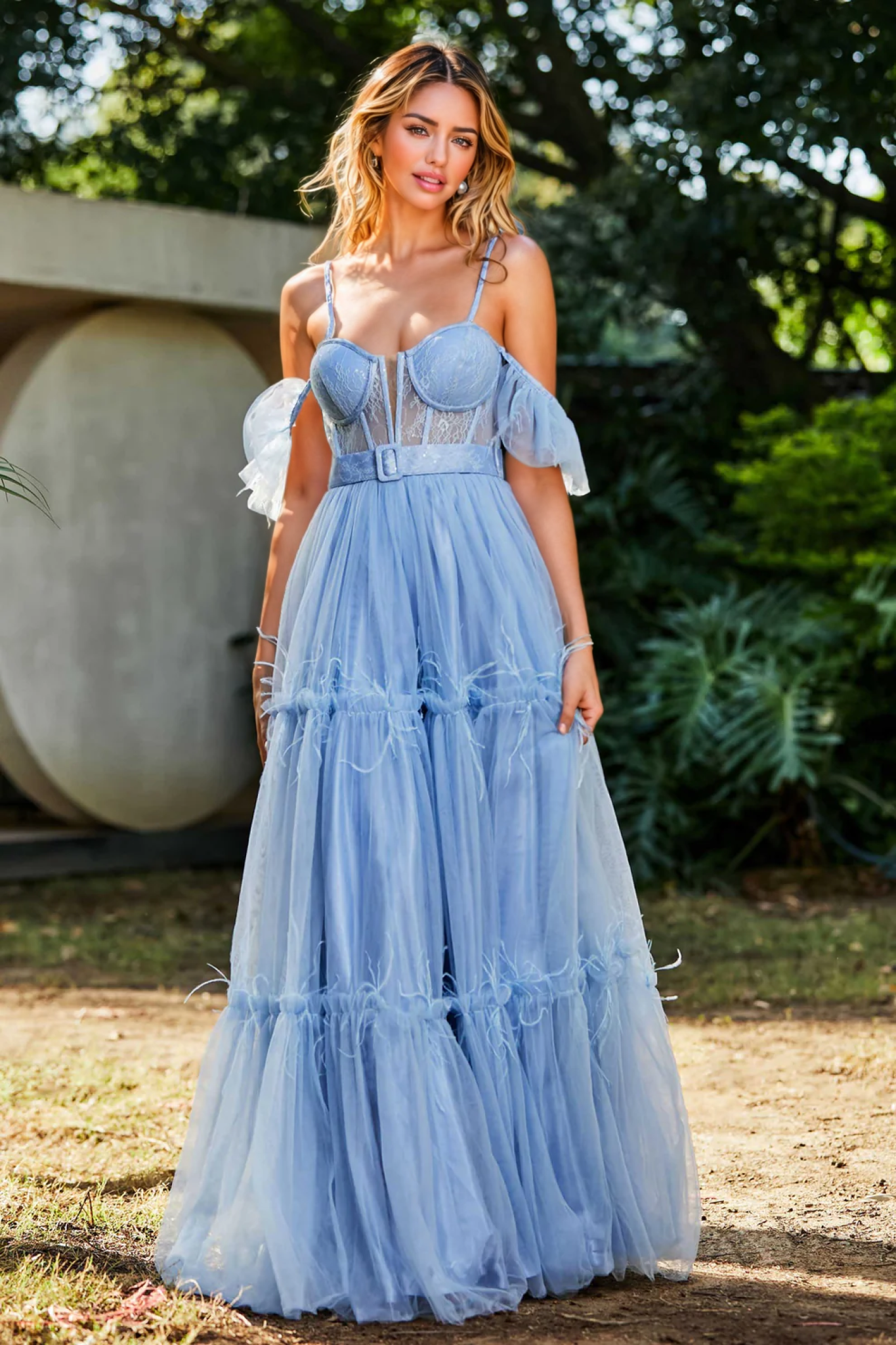 Chic Fuchsia Off-Shoulder Tulle Prom Dress with Belt Layered Feathers Evening Party Gowns