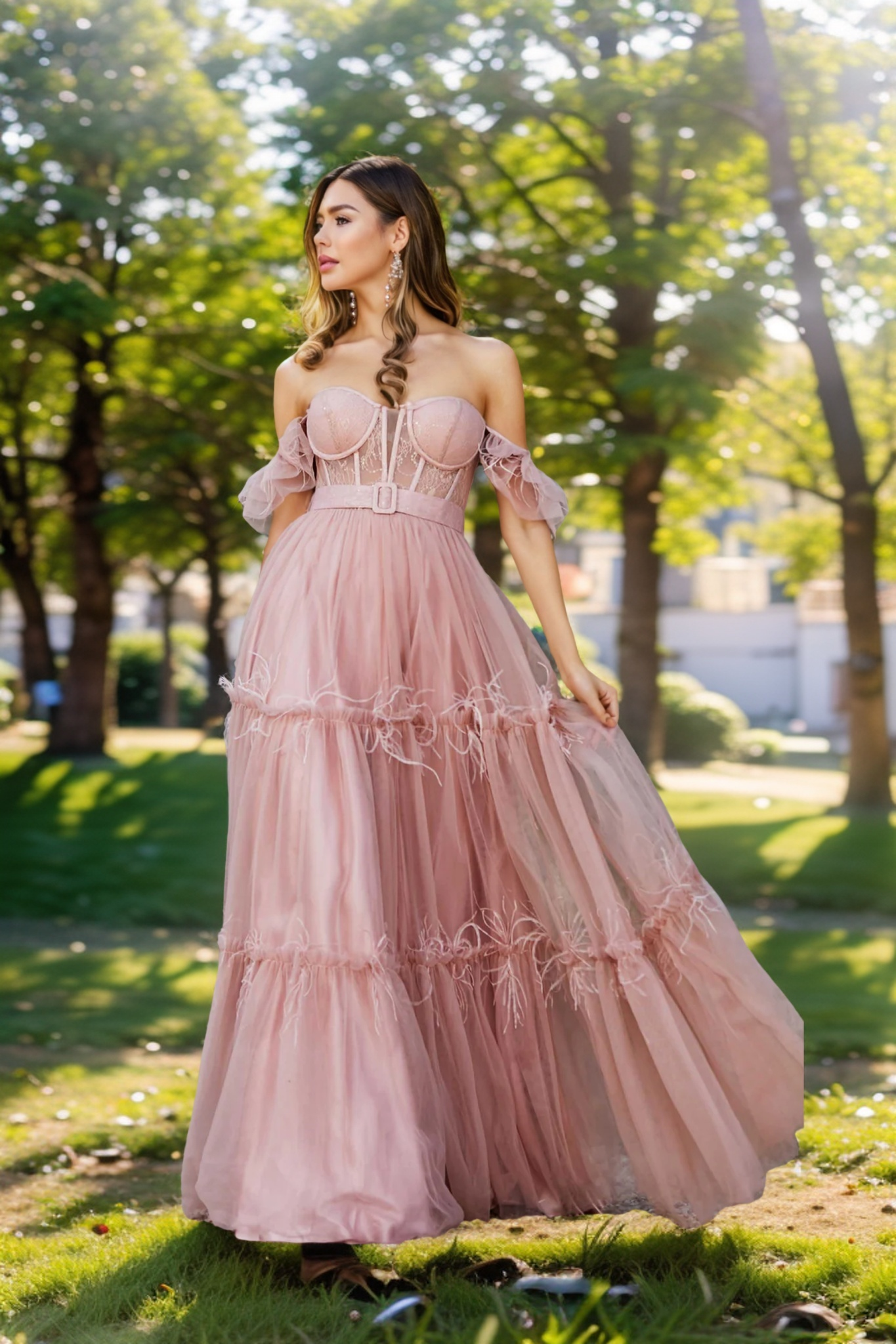 Chic Fuchsia Off-Shoulder Tulle Prom Dress with Belt Layered Feathers Evening Party Gowns