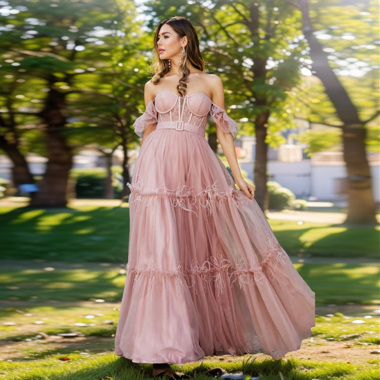 Chic Fuchsia Off-Shoulder Tulle Prom Dress with Belt Layered Feathers Evening Party Gowns