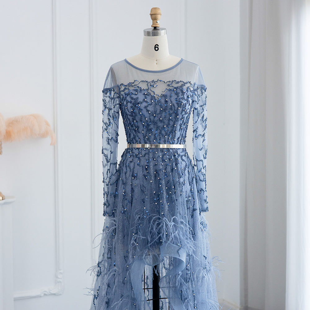 Dubai Blue Feathers High Low Evening Dress for Wedding Party SS111L