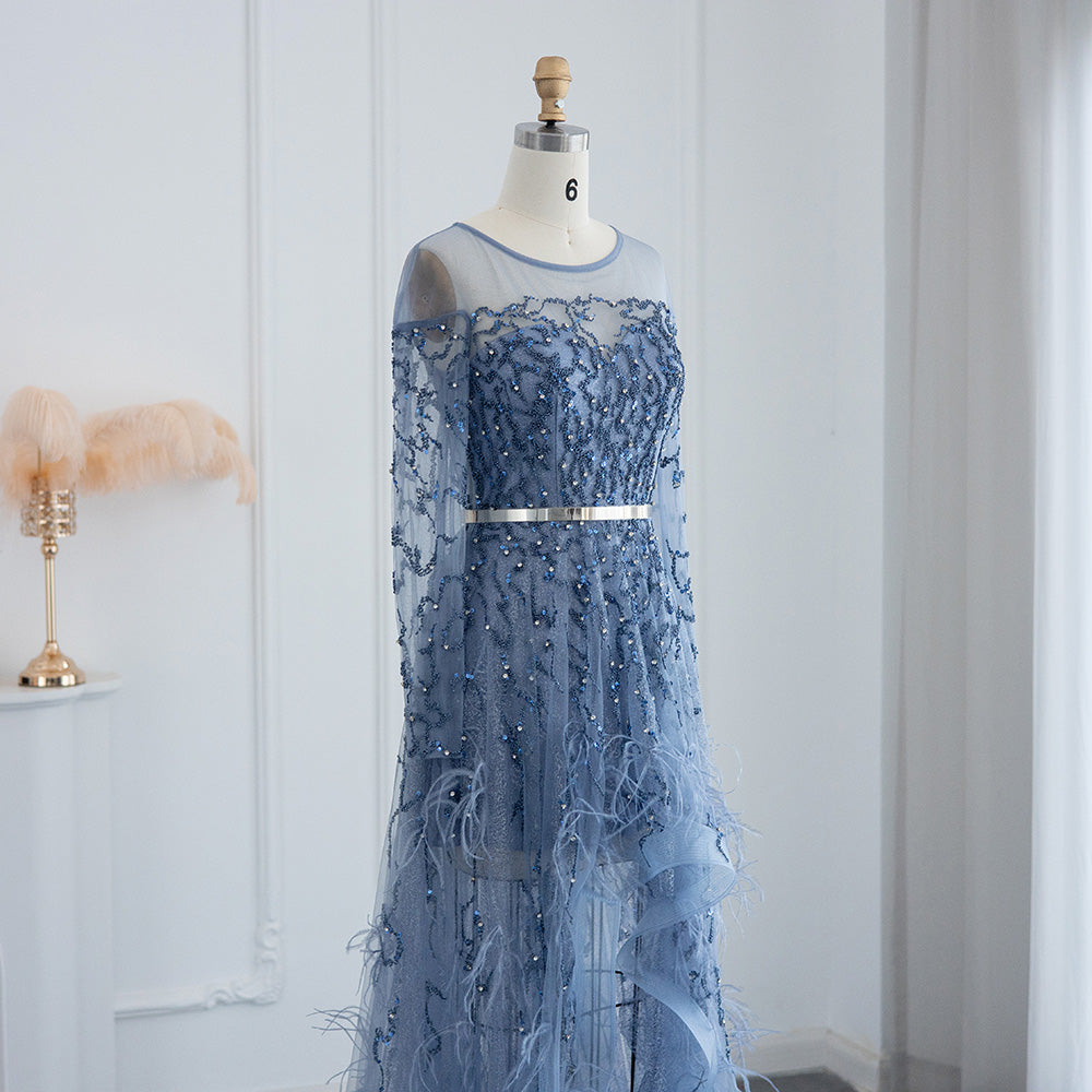 Dubai Blue Feathers High Low Evening Dress for Wedding Party SS111L