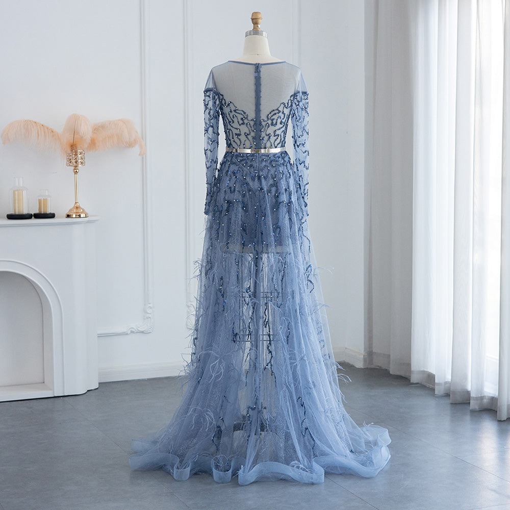 Dubai Blue Feathers High Low Evening Dress for Wedding Party SS111L