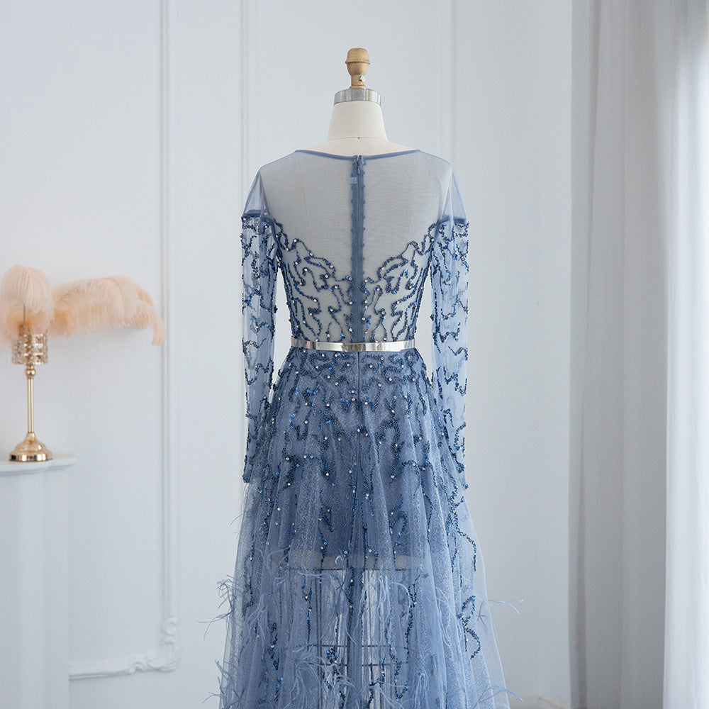 Dubai Blue Feathers High Low Evening Dress for Wedding Party SS111L
