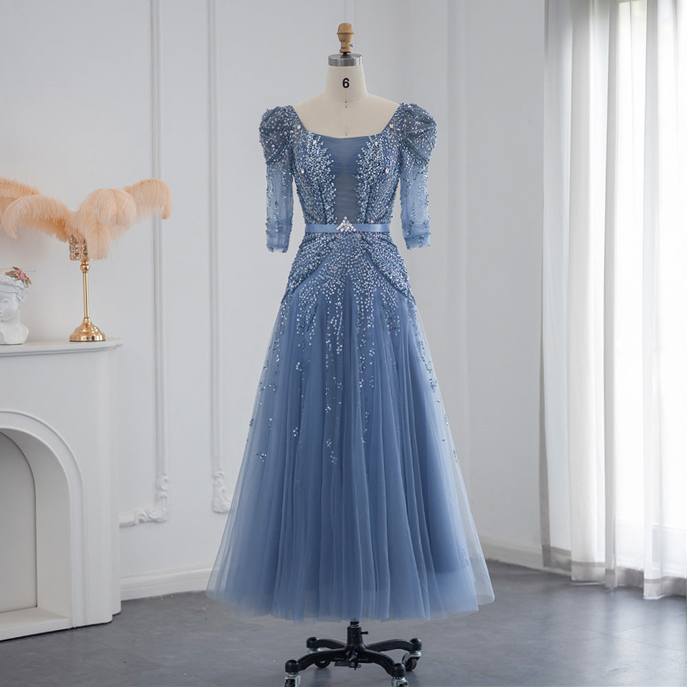 For Sale Luxury Beaded Blue Evening Dress with Half Sleeves SS240