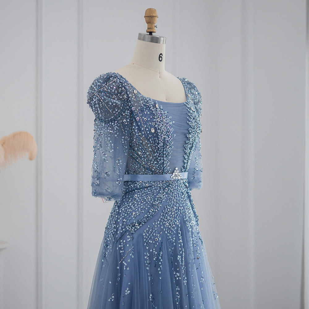 For Sale Luxury Beaded Blue Evening Dress with Half Sleeves SS240