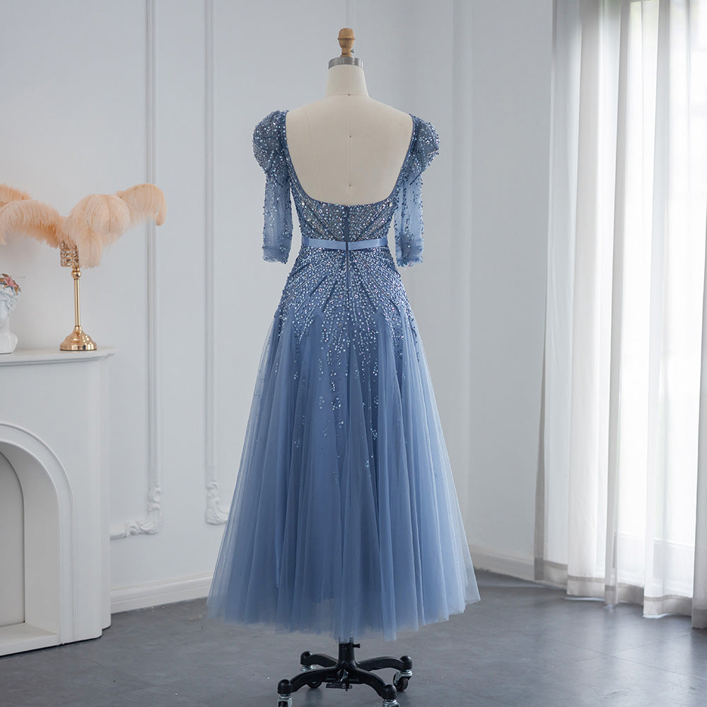 For Sale Luxury Beaded Blue Evening Dress with Half Sleeves SS240