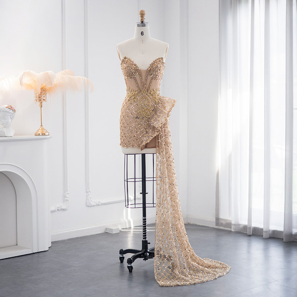 Champagne Strapless Mini Cocktail Dress with Dramatic Train RM002