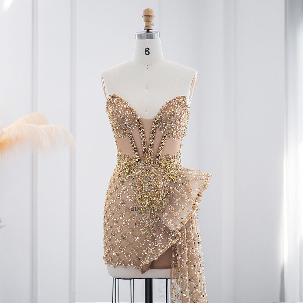 Champagne Strapless Mini Cocktail Dress with Dramatic Train RM002