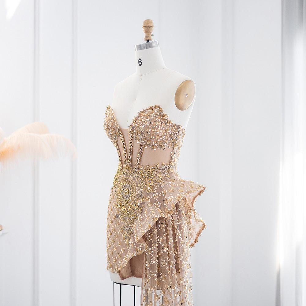 Champagne Strapless Mini Cocktail Dress with Dramatic Train RM002