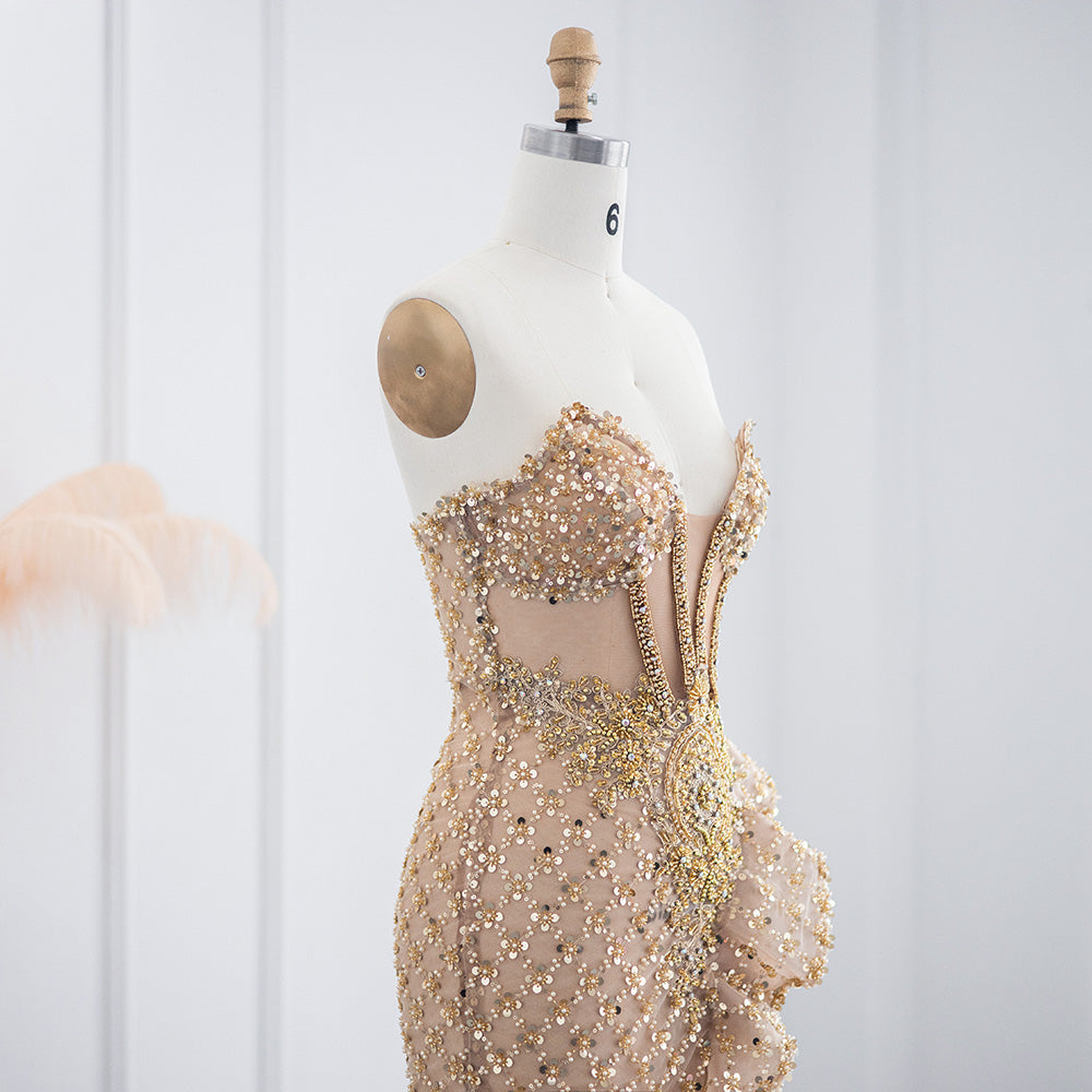 Champagne Strapless Mini Cocktail Dress with Dramatic Train RM002