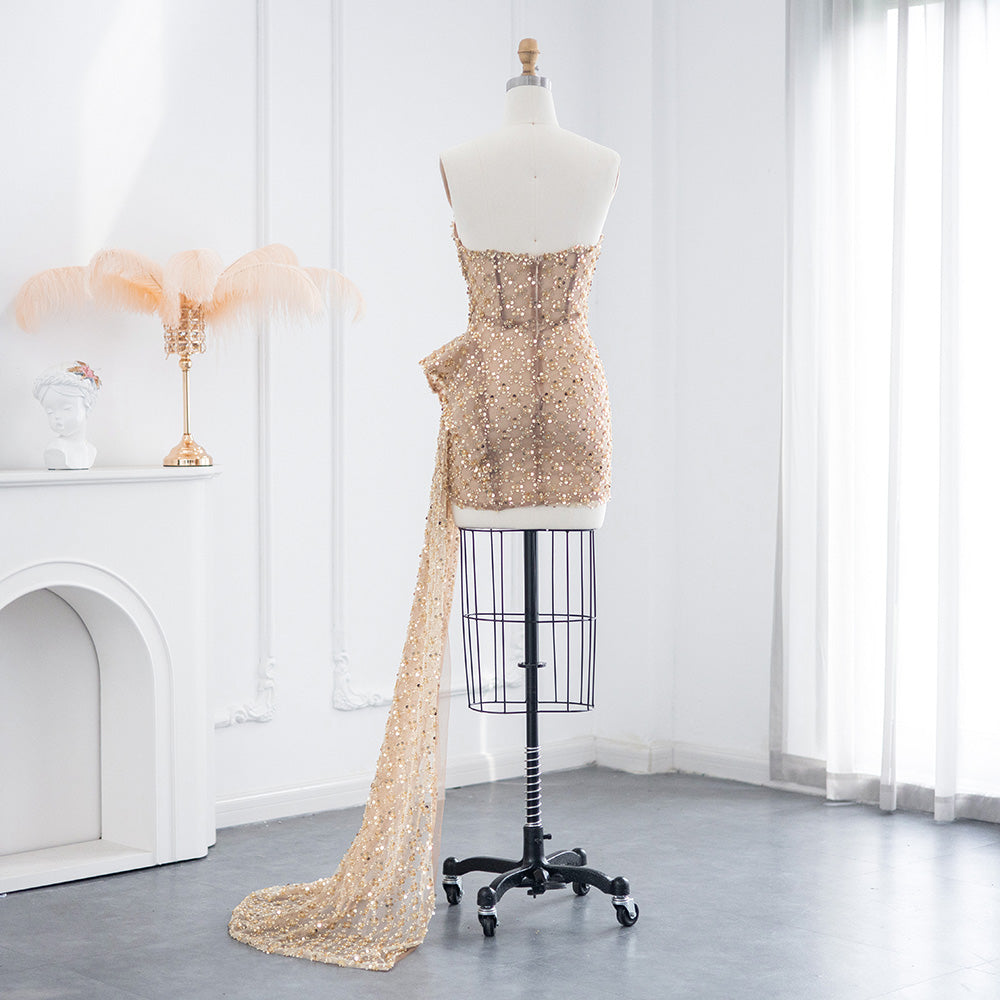 Champagne Strapless Mini Cocktail Dress with Dramatic Train RM002