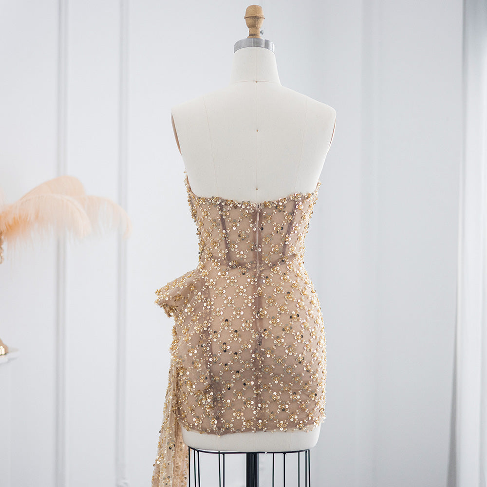Champagne Strapless Mini Cocktail Dress with Dramatic Train RM002