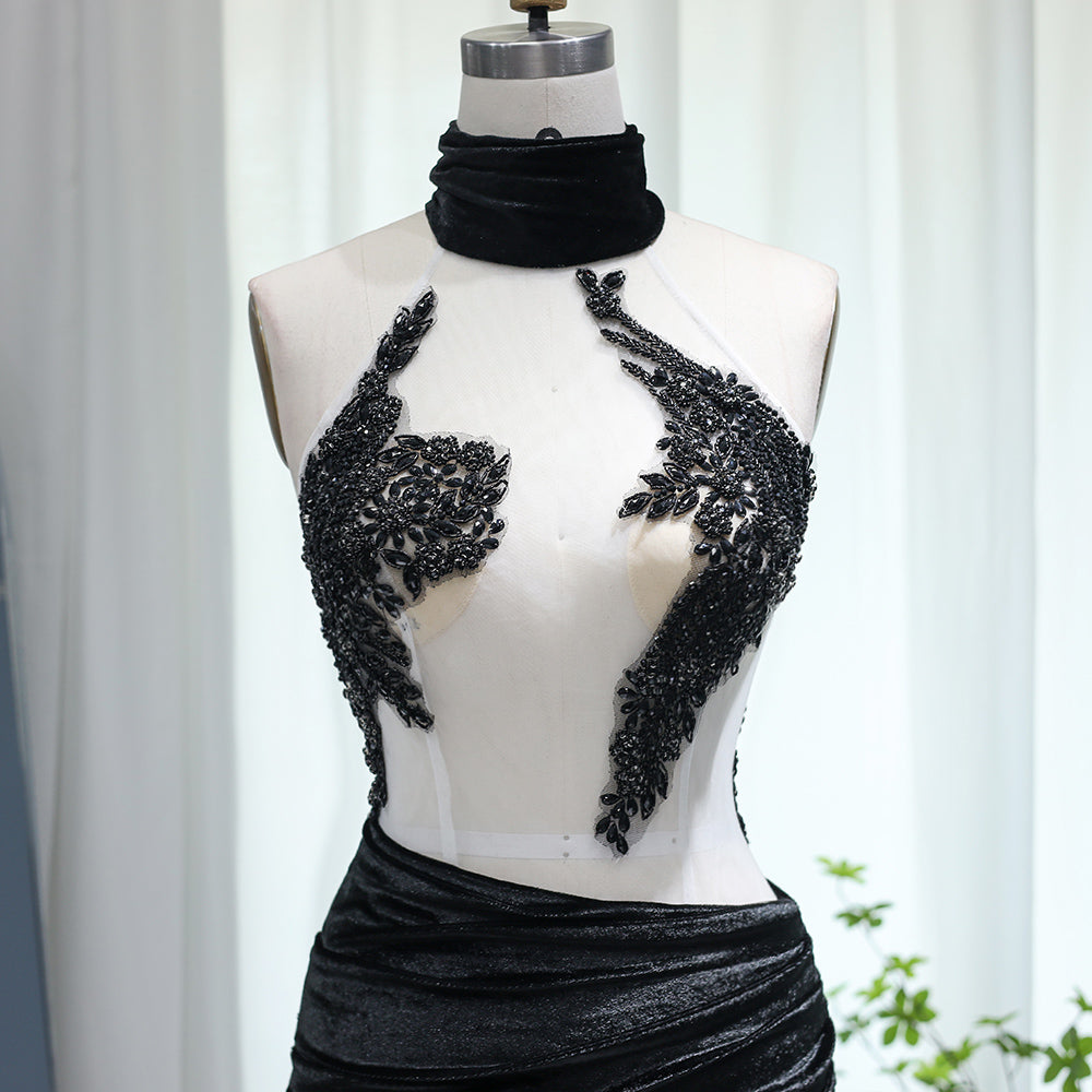 Elegant Black Beaded Turtleneck Mini Party Gown RM007