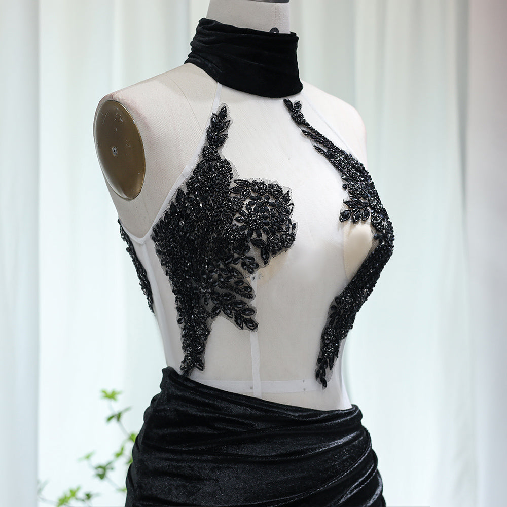 Elegant Black Beaded Turtleneck Mini Party Gown RM007
