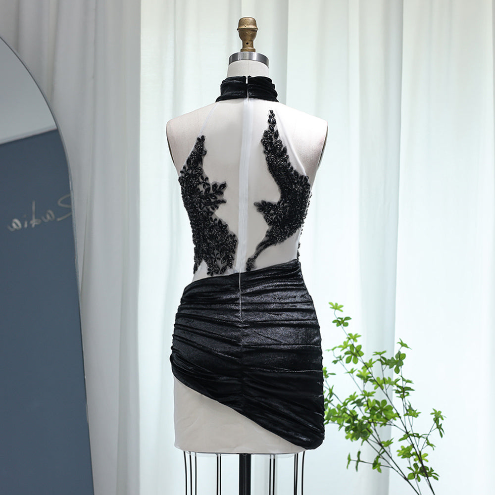 Elegant Black Beaded Turtleneck Mini Party Gown RM007