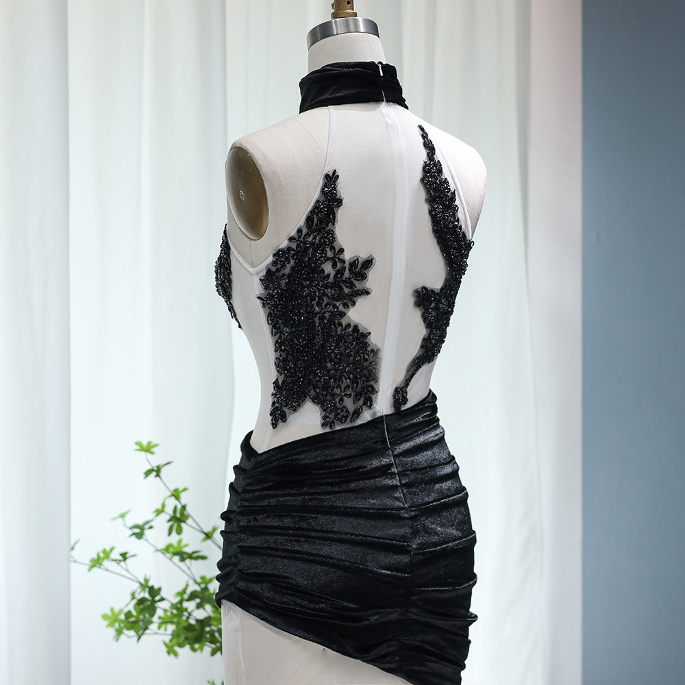 Elegant Black Beaded Turtleneck Mini Party Gown RM007