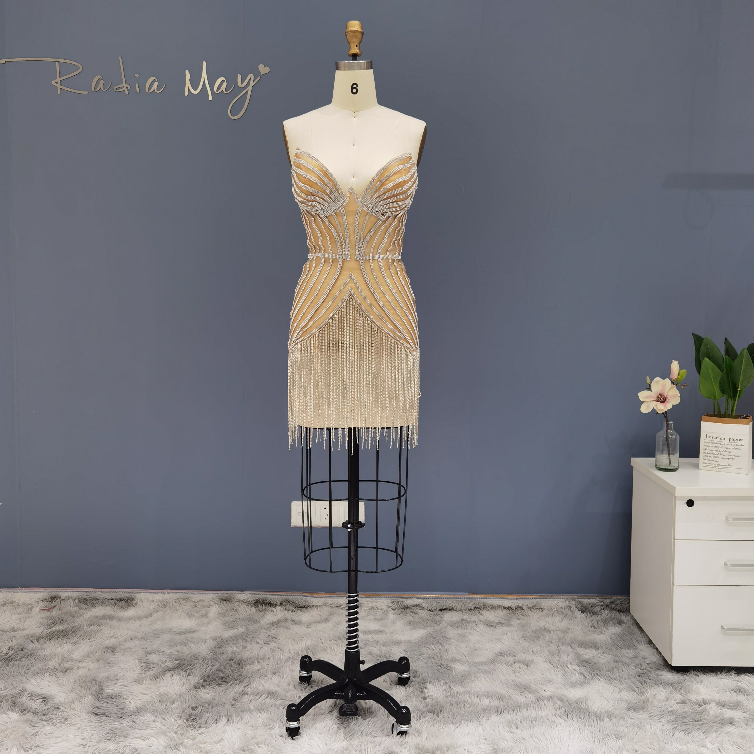 Sparkly Sheath Silver Rhinestone Fringe Strapless Mini Dress RM016