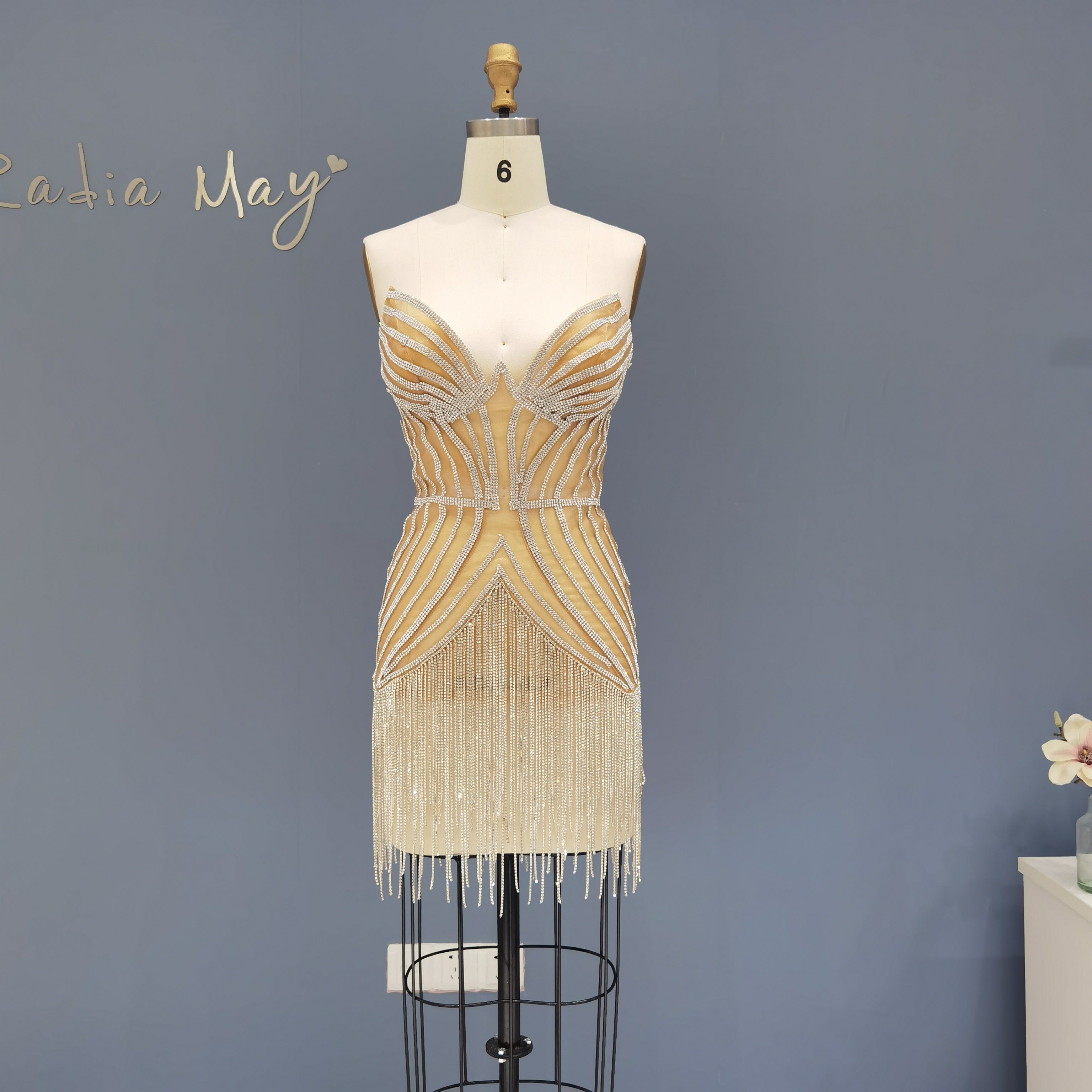 Sparkly Sheath Silver Rhinestone Fringe Strapless Mini Dress RM016