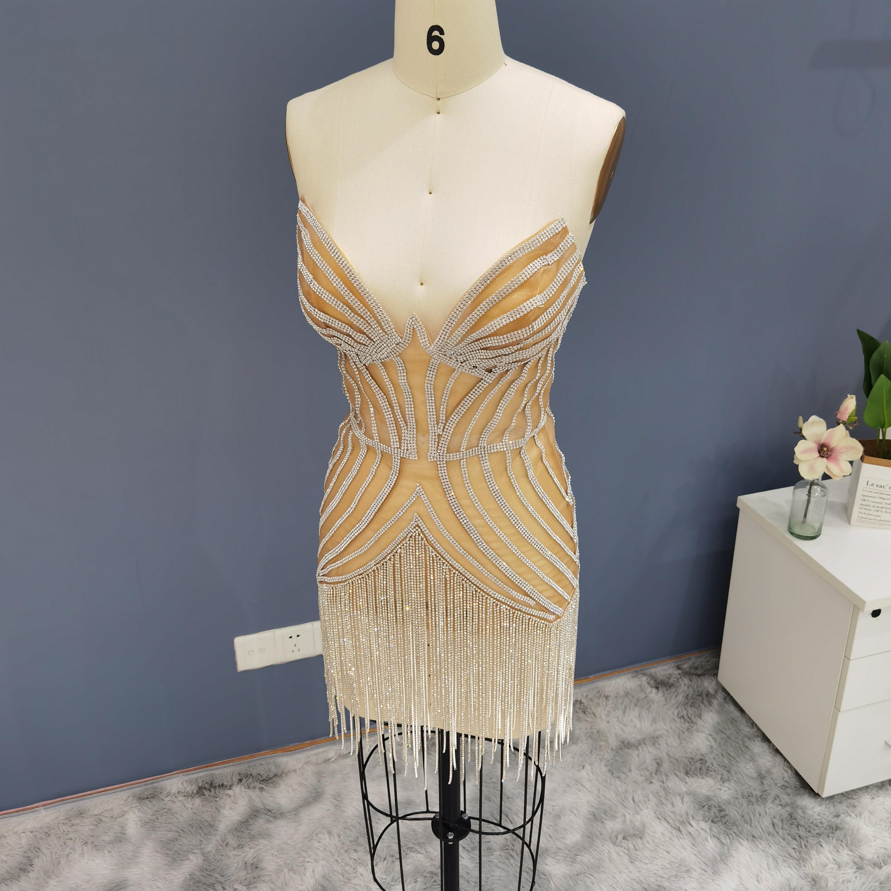 Sparkly Sheath Silver Rhinestone Fringe Strapless Mini Dress RM016