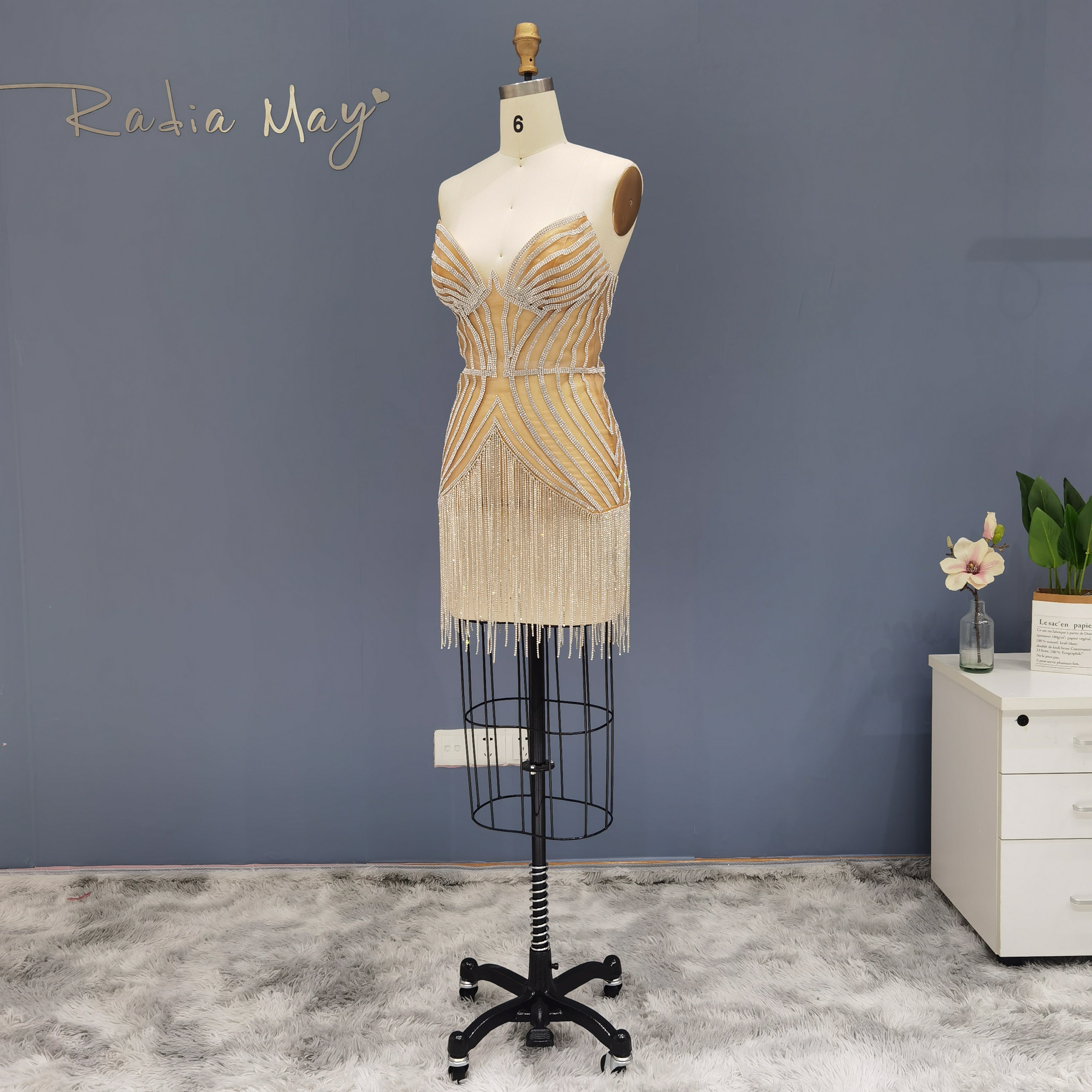 Sparkly Sheath Silver Rhinestone Fringe Strapless Mini Dress RM016