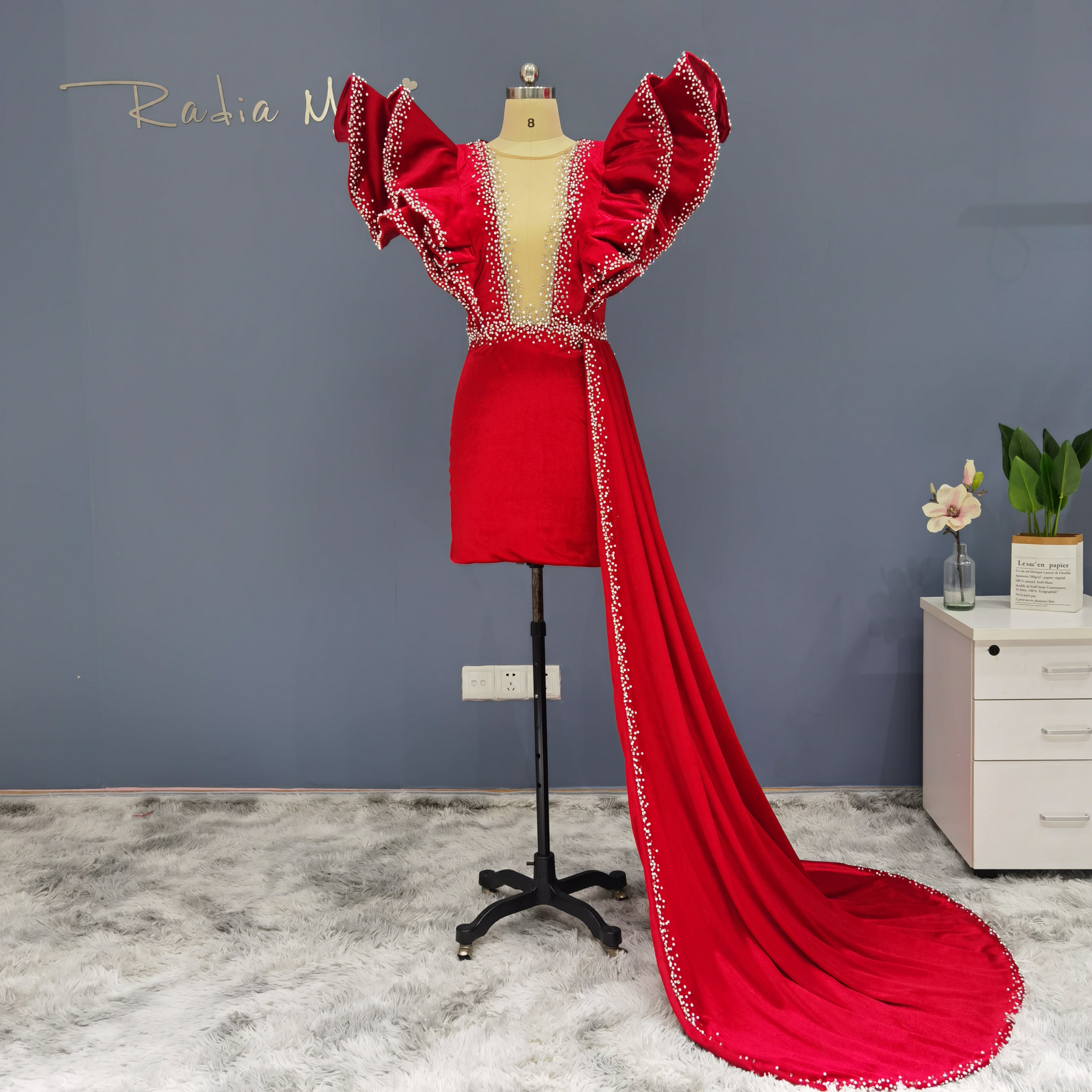 Glam Velvet Plunging V-Neck Mini Dress with Rhinestone Train RM003