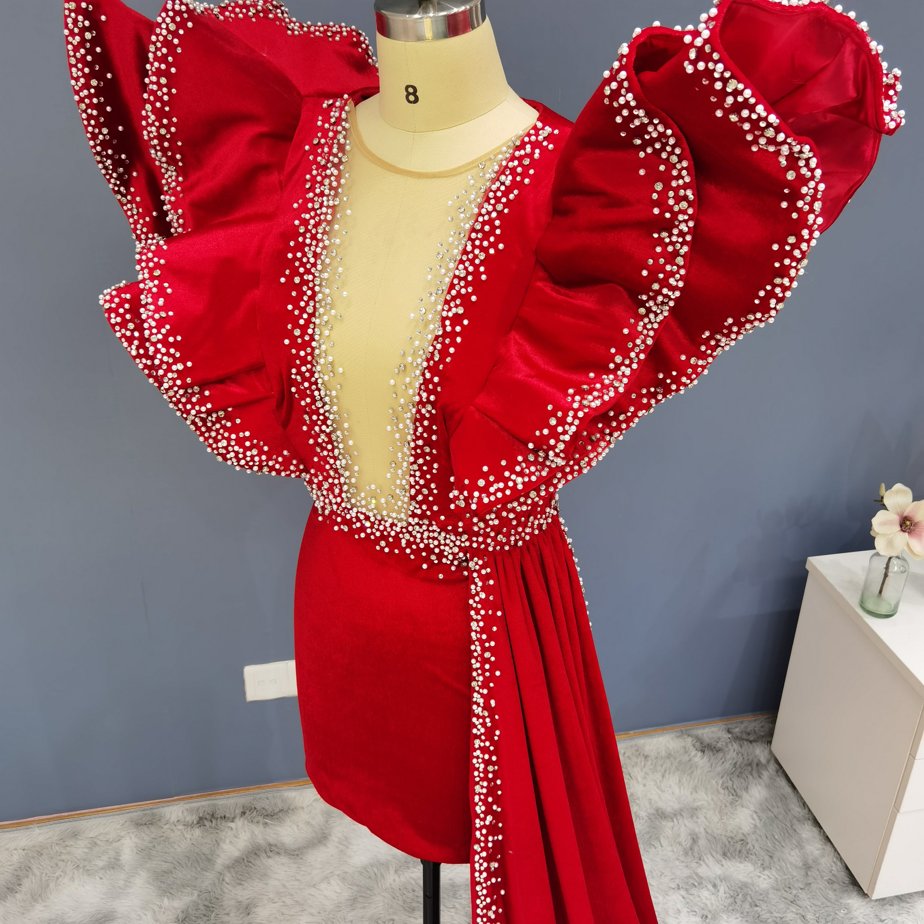 Glam Velvet Plunging V-Neck Mini Dress with Rhinestone Train RM003