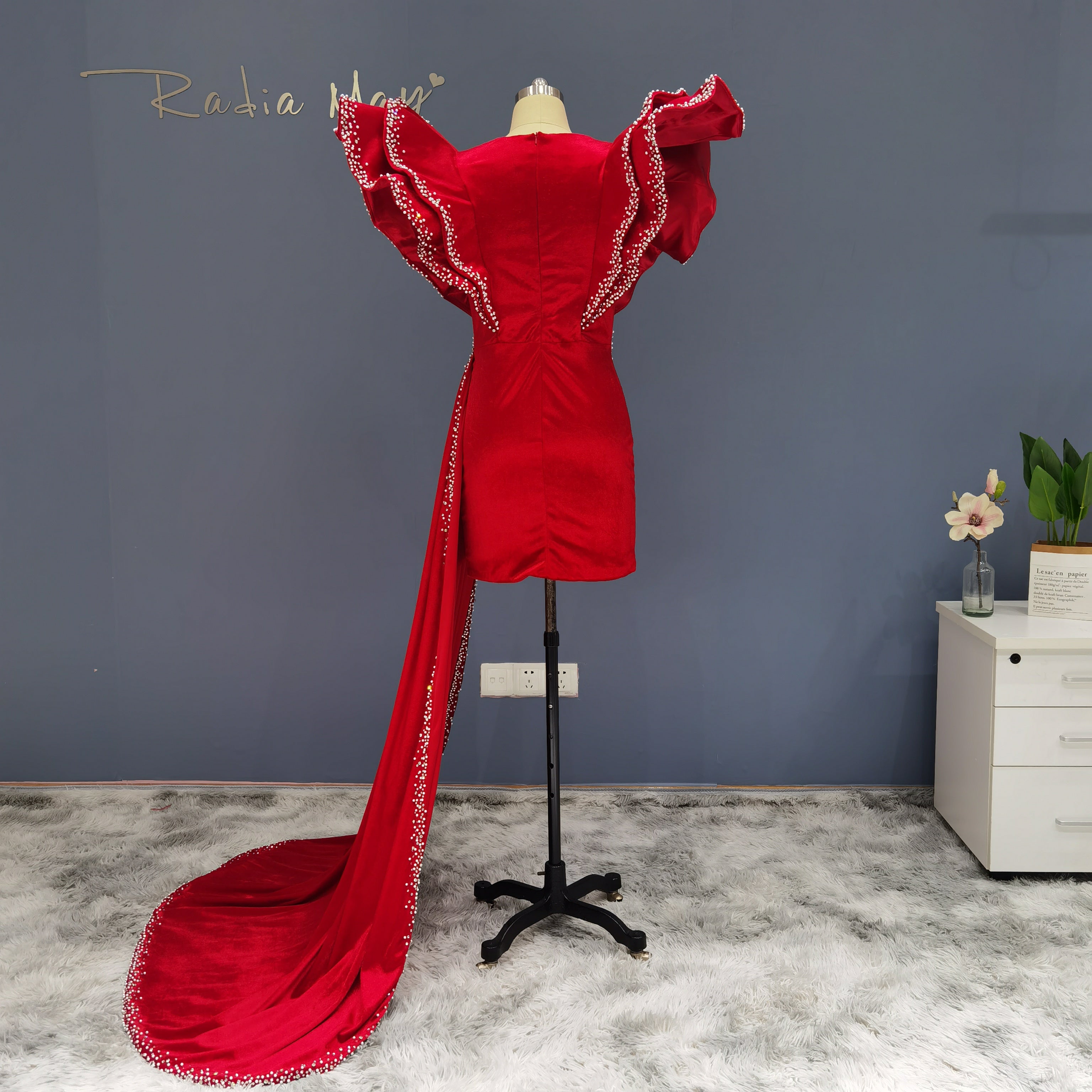 Glam Velvet Plunging V-Neck Mini Dress with Rhinestone Train RM003