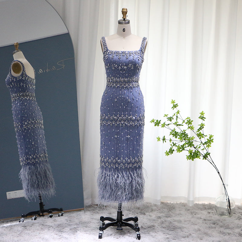 Luxury Gray Feather Straight Evening Dress with Cape Sleeves SS279