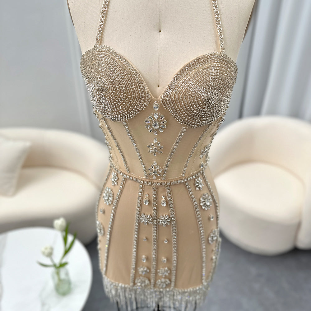 Sheer Sparkly Silver Beads Corset Mini Party Gown RM014