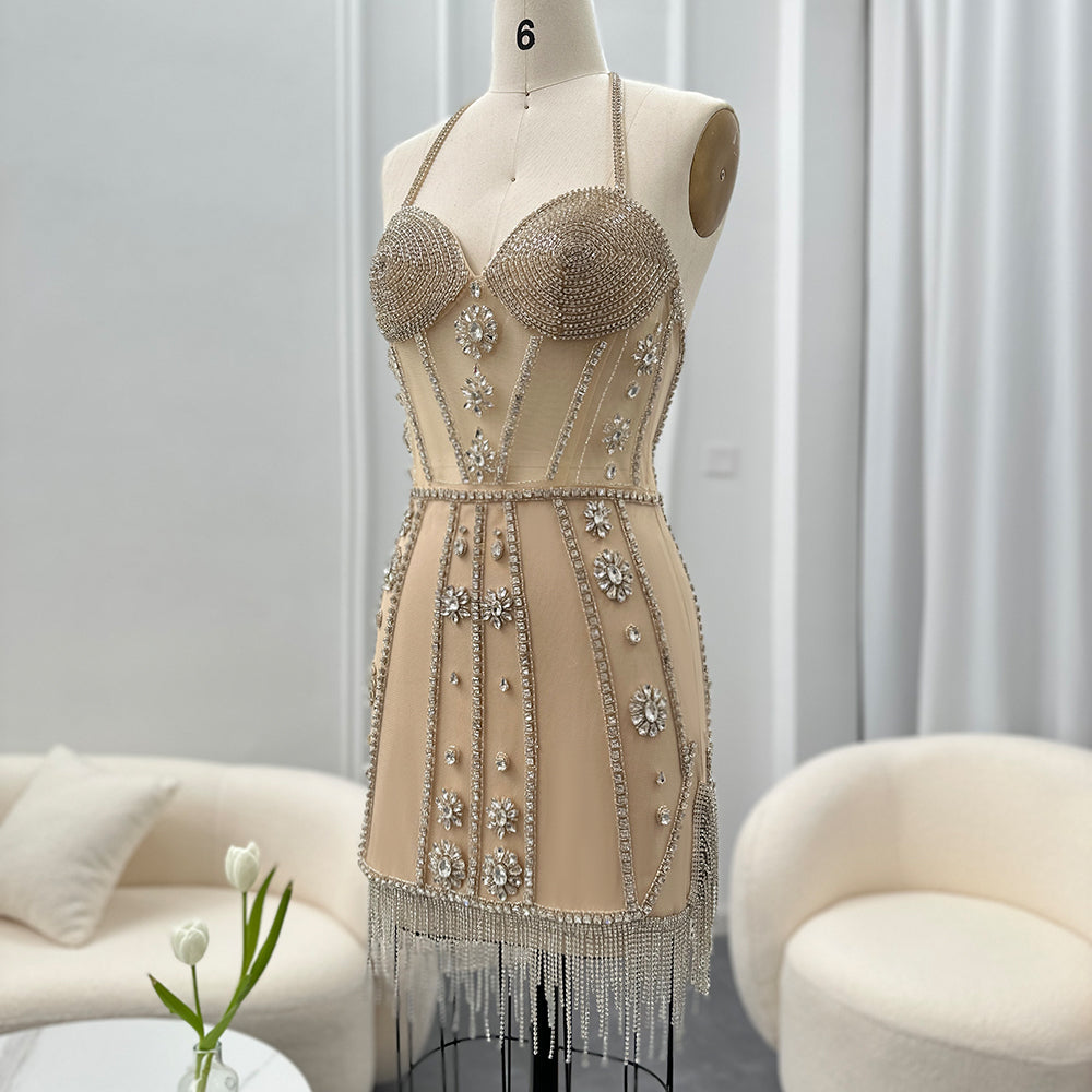 Sheer Sparkly Silver Beads Corset Mini Party Gown RM014