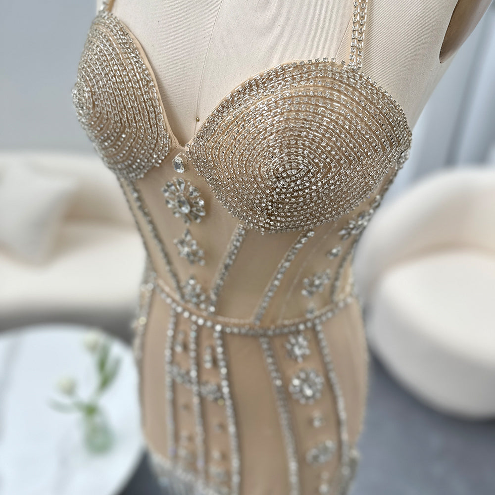Sheer Sparkly Silver Beads Corset Mini Party Gown RM014