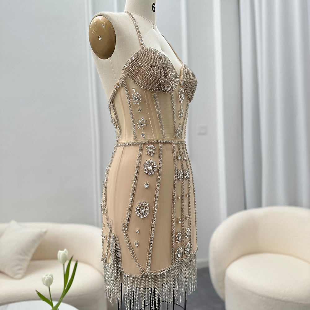 Sheer Sparkly Silver Beads Corset Mini Party Gown RM014