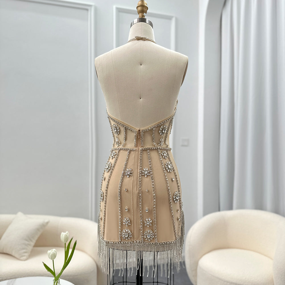 Sheer Sparkly Silver Beads Corset Mini Party Gown RM014