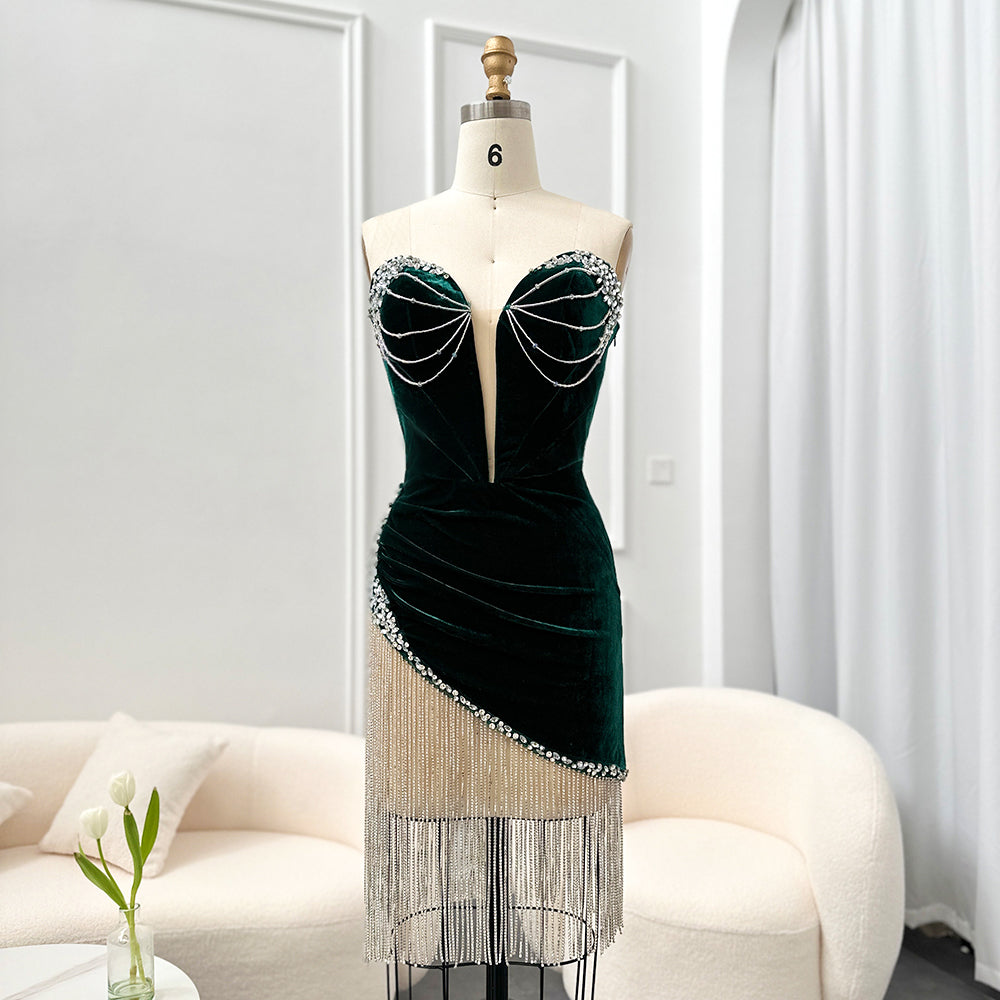 Corset Green Velvet Rhinestone Fringe Cocktail Party Mini Gown RM049