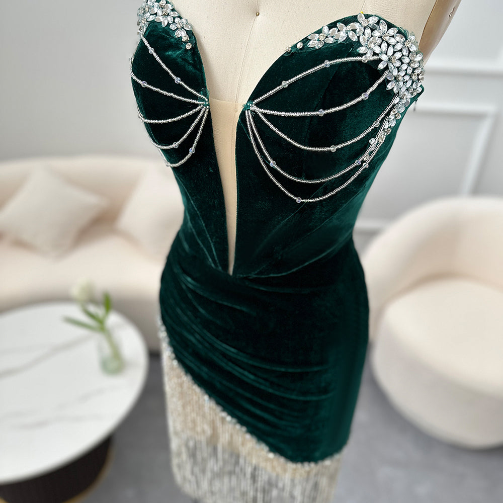 Corset Green Velvet Rhinestone Fringe Cocktail Party Mini Gown RM049